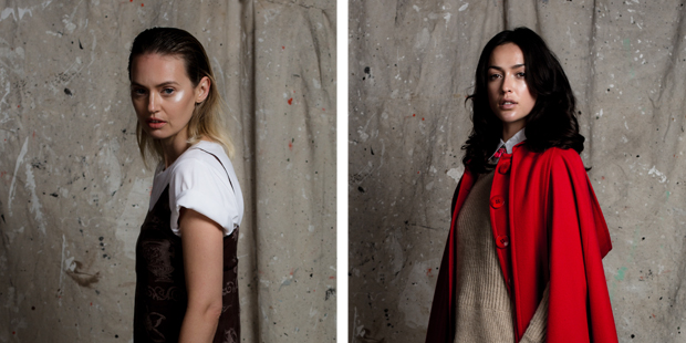 (Left) Penny wears a Grecian printed dress by DNA from 1997. (Right) Ngahuia wears Kate Sylvester's red wool cape from 2007. Photo / Babiche Martens