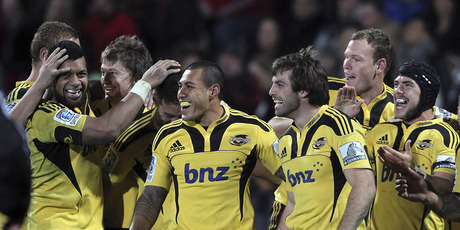 Conrad Smith of the Hurricanes celebrates with his team mates after the round 16 Super Rugby match between the Crusaders and the Hurricane. Photo / Getty Images.