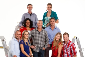 Host Mark Richardson (centre) and the intrepid DIYers. Photo / Supplied