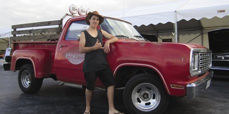 Scott Stacey with his Dodge Li'l Red Express, featured in' The Kiwi Ute Driver's Guide To Life'.