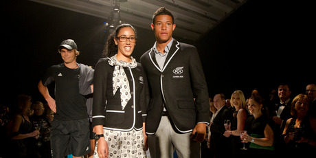 Melody Cooper (centre) and James Musa (right) model the New Zealand Olympic team's formal uniform. Photo / Brett Phibbs