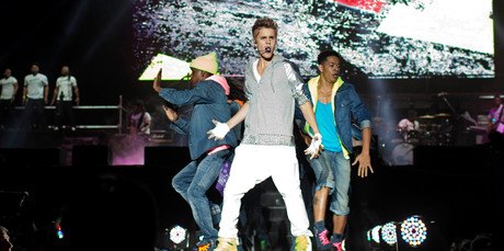 Pop star Justin Bieber, front, performs during a free open-air concert in Mexico City. Photo / AP Pop star Justin Bieber, front, performs during a free open-air concert in Mexico City. Photo / AP