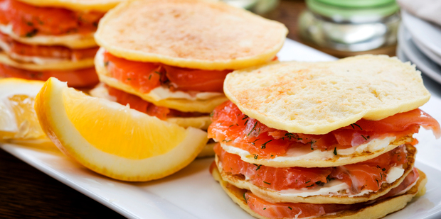 Crepes parmentier with cured salmon and creme fraiche. Photo / Babiche Martens