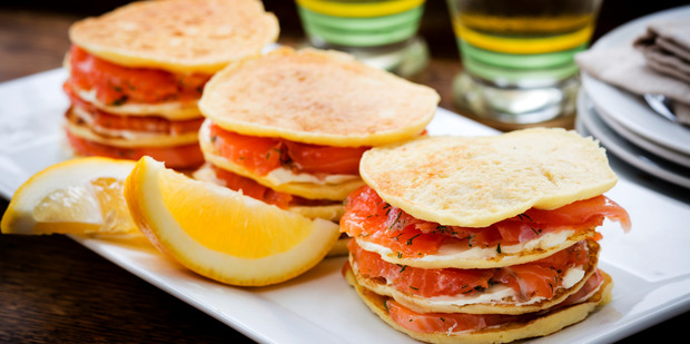 Crepes parmentier with cured salmon and creme fraiche. Photo / Babiche Martens
