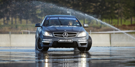Alastair Sloane (driving) found the car took on a life of its own on the skidpan - reportedly the most slippery in the world. Photo / Supplied