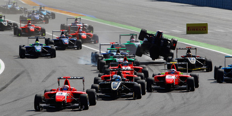 Mitch Evans leads an action-packed first lap in Valencia during GP3 race one. Photo / Supplied