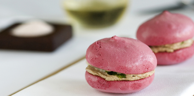 Michael Meredith's surprising smoked duck and beetroot meringue starter. Photo / Babiche Martens