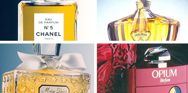 (Clockwise from top left) No 5 (Chanel) 1921, Shalimar (Guerlain) 1925, Opium (Yves Saint Laurent) 1977 and Miss Dior (Christian Dior) 1947. Photos / Supplied