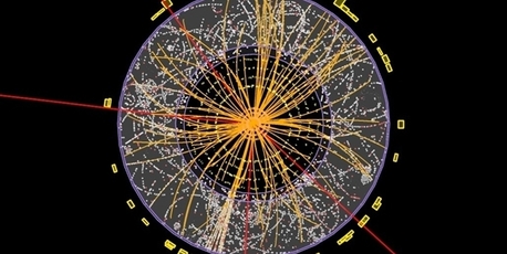 This diagram shows the results of a proton-on-proton collision in the Large Hadron Collider's ATLAS detector last year, with four muons indicated by red tracks. Image / ATLAS Collaboration / CERN