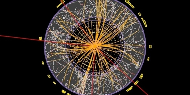 This diagram shows the results of a proton-on-proton collision in the Large Hadron Collider's ATLAS detector last year, with four muons indicated by red tracks. Image / ATLAS Collaboration / CERN