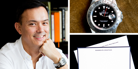Andrew Glenn and two of his favourite things: Rolex Explore II Watch and personalised gift cards. Photo / Babiche Martens