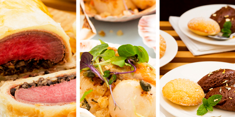 Dishes to impress: Beef Wellington; seared scallops with caper breadcrumbs and gold leaf madeleines with marsala mousse. Photos / Babiche Martens