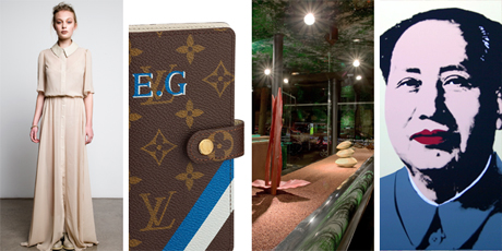 Ways to indulge: Juliette Hogan 'Garden' dress, $599; Louis Vuitton's Mon Monogram service; Guerlain workshop and Andy Warhol's 91.5 x 91.5cm silk screen prints, $495. Photos / Supplied