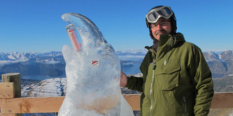 Riley and his cheeky kea ice carving won the Zumwohl on Ice sculpting competition at Treble Cone, Wanaka, yesterday. Photo / Supplied
