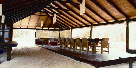The longhouse on Wilson Island is ideal for a rambunctious shared meal or for quieter moments when you just want a place to lounge. Photo / Supplied
