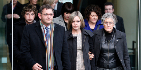The Guy family (from left) Callum, Bryan, Anna Macdonald, Nikki (in blue) and Joanne leaving after the jury found Ewen Macdonald not guilty of the murder of Scott Guy yesterday. Photo / Mark Mitchell