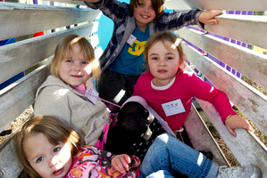 Liver transplant children (from front) Danielle Loader, 2, Lara Sutherland, 5, Bella Neems, 5, and Liam Morgan, 10, at Butterfly Creek yesterday. Picture / Dean Purcell.