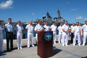 U.S. Navy Admiral Cecil Haney, commander of the Pacific Fleet, speaks during a news conference at Pearl Harbour today. New Zealand has been refused permission to berth at Pearl Harbour. Photo / AP