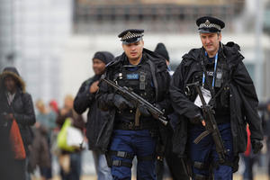 British police on patrol ahead of the Olympic Games later this month. Up to 6000 officers may be axed in cutbacks to the service across the country. Picture / AP