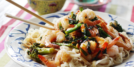 Prawn noodles can be whipped up in as much time as it takes to prepare shop-bought noodles. Photo / Doug Sherring