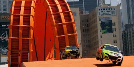 Greg Tracey beats Tanner Foust at the Hot Wheels Double Loop Dare at LA's X Games last weekend.