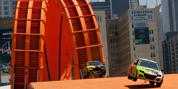 Greg Tracey beats Tanner Foust at the Hot Wheels Double Loop Dare at LA's X Games last weekend.