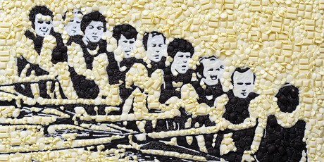 Dunedin's 12th Cadbury Chocolate Carnival opened yesterday with a number of paintings, in chocolate, of Kiwi Olympic greats unveiled. This one is of the 1972 gold medal-winning eight from the Munich Games. Photo / Supplied