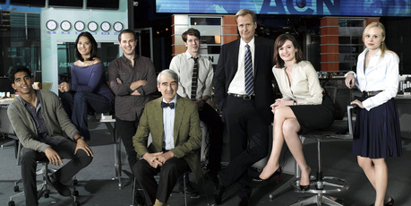 The cast for the new Aaron Sorkin series 'The Newsroom' includes Jeff Daniels (third from right) and Emily Mortimer (second from right). Photo / AP