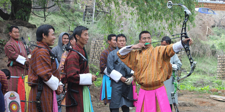 A Bhutanese archery tournament in full swing. Photo / Jill Worrall
