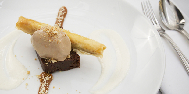 Cibo’s Valrhona chocolate terrine, milk chocolate mousse and sesame toffee and baklava straw. Photo / Greg Bowker