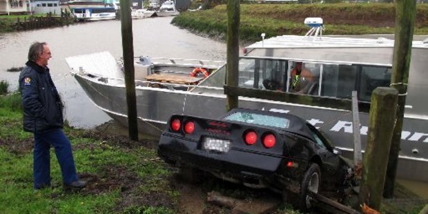 A classic Corvette, a boat and a jetty have each taken a role in the mother of all freak accidents. Photo / Northern Advocate