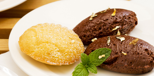 Chocolate marsala mousse with gold leaf madeleines. Photo / Babiche Martens