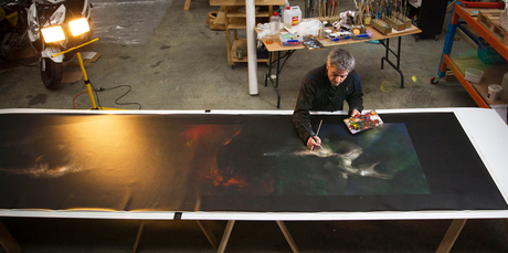 Vincent Ward at work in his Auckland warehouse space, says his art is an exploration. Photo / Greg Bowker