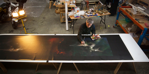 Vincent Ward at work in his Auckland warehouse space, says his art is an exploration. Photo / Greg Bowker