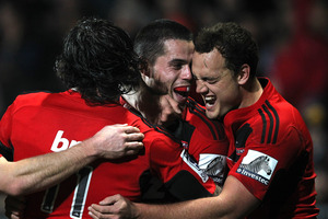 The Crusaders are moving into top gear just as the playoffs loom. Pictured are Zac Guildford (left), Sean Maitland and Israel Dagg. Photo / Getty Images