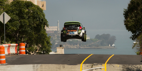Ken Block gets a whole lot of air during filming of Gymkhana Five in San Francisco. Photo / Supplied