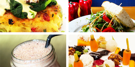 (Clockwise from top left) Organic potato hash from Kokako, Grey Lynn; tofu burger from Raw Power, Vulcan Lane; Heritage Hotel's winning vegan dish and a smoothie from Kokako. Photo / Doug Sherring/Babiche Martens