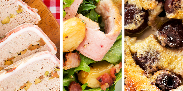 (Left to right) Chicken liver and pork terrine; roast duck, shallot and garlic salad and a cherry and kirsch clafoutis. Photos / Babiche Martens