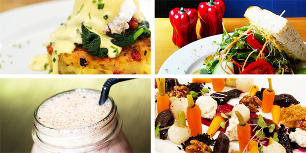 (Clockwise from top left) Organic potato hash from Kokako, Grey Lynn; tofu burger from Raw Power, Vulcan Lane; Heritage Hotel's winning vegan dish and a smoothie from Kokako. Photo / Doug Sherring/Babiche Martens