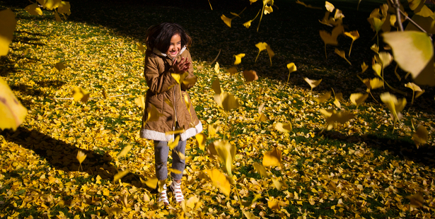 Lequire Makai from Kawerau makes the most of a fine winter day during the school holidays on a stroll through golden leaves in the Auckland Domain. Photo / Greg Bowker