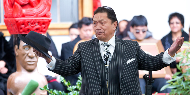 Waitangi Tribunal member Pou Temara speaks during the powhiri before the hearing begins. Photo / Mark Mitchell