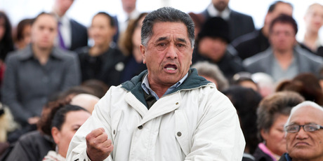 Ngapuhi kaumatua Owen Kingi, of Whangaroa in
the Far North, speaks during
the powhiri before the Waitangi Tribunal hearing
in Lower Hutt. Photo / Mark Mitchell