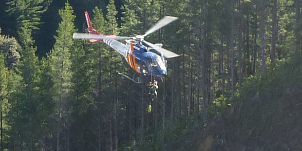 The forestry worker is winched up from the accident scene near Hawai. Photo / Tauranga Trustpower Helicopter