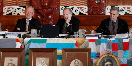 Waitangi Tribunal members, from left, Timothy Castle, Ron Crosby and Chief Judge Wilson Isaac during their urgent hearing at the Waiwhetu Marae in Lower Hutt. Photo / Mark Mitchell
