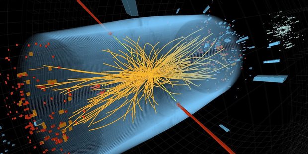 This CERN image gives a visual record of the collision between high-energy photons (red lines), resulting in a spray of short-lived particles (yellow). Photo / AP