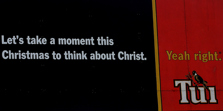 Tui took a moment to offend Christians with one of their provocative billboards. Photo / Bay of Plenty Times