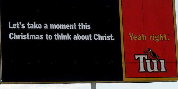 Tui took a moment to offend Christians with one of their provocative billboards. Photo / Bay of Plenty Times