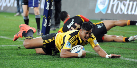 Hurricanes Julian Savea dots down in the corner to score one of his two tries against the Chiefs. Picture / SNPA