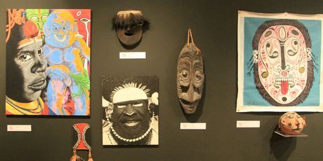 Modern PNG art and traditional artefacts hang together at the Whangarei Art Museum. Photo / Jim Eagles