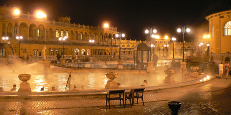 Bathers take an evening soak at Budapest's Szechenyi baths. Photo / Creative Commons image by Wikimedia user Neef-2